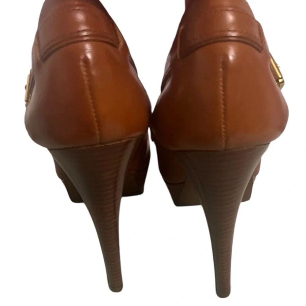 Michael Kors Brown Leather Platform Heels Size 8 Gold MK Logo - Picture 3 of 7